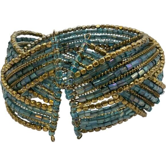 Beaded Cuff Bracelet 6.5" With Blue & Gold Sea Beads - Picture 5 of 7